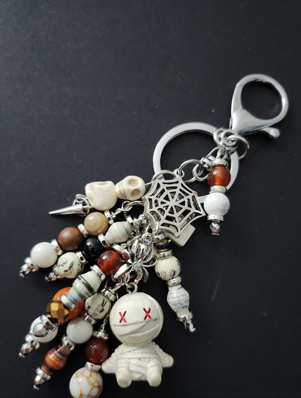 Halloween Mummy Purse Charm or Keychain  Fire Agate Howlite Paper Handcrafted - Picture 2 of 7